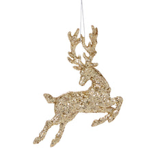 Leaping Deer Ornament, flat gold glitter reindeer in mid leap hanging from a thread
