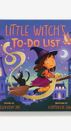 Little Witch's To Do List Book, front cover showing a young witch flying on her broom with a black cat