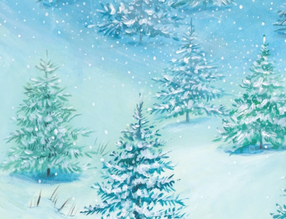 The Littlest Christmas Tree Book, second view, the back cover illustration of a snowy evergreen forest