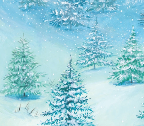 The Littlest Christmas Tree Book, second view, the back cover illustration of a snowy evergreen forest