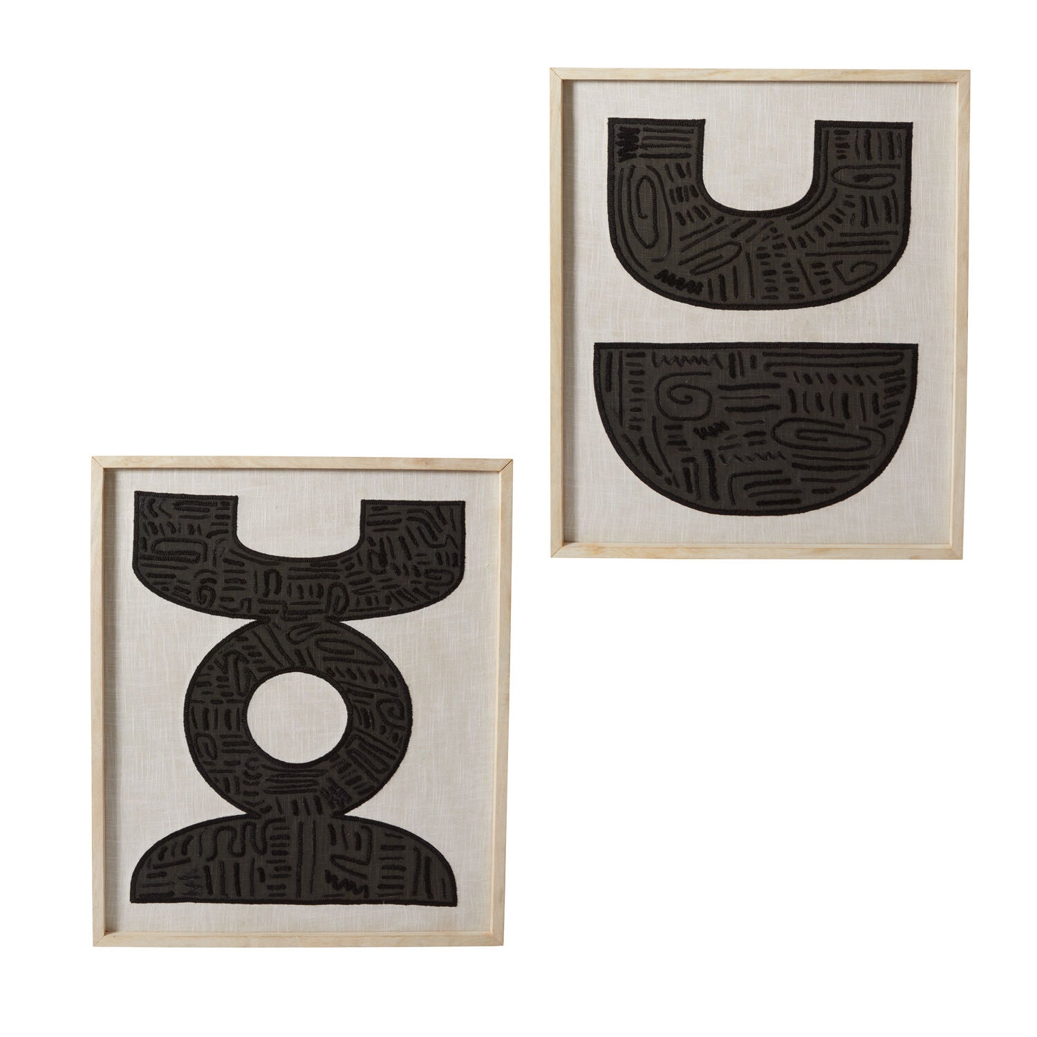 Merritt Wall Art, third view, the black embroidered shapes on neutral slub cotton.