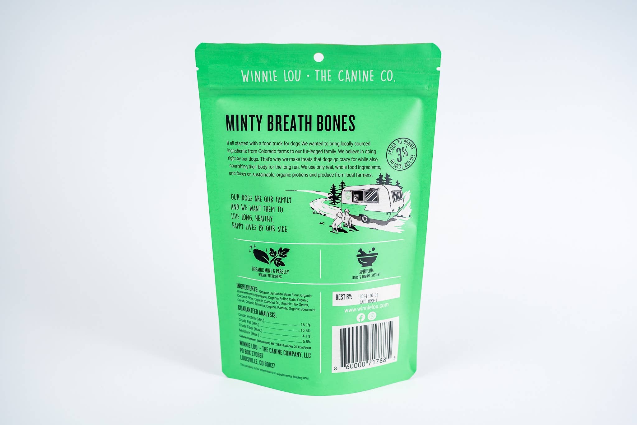 Green package of 'Minty Breath Bones' from Winnie Lou on a white background