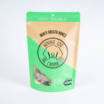 Packaging of Minty Breath Bones for dogs with a green and brown design on a white background