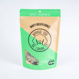 Packaging of Minty Breath Bones for dogs with a green and brown design on a white background