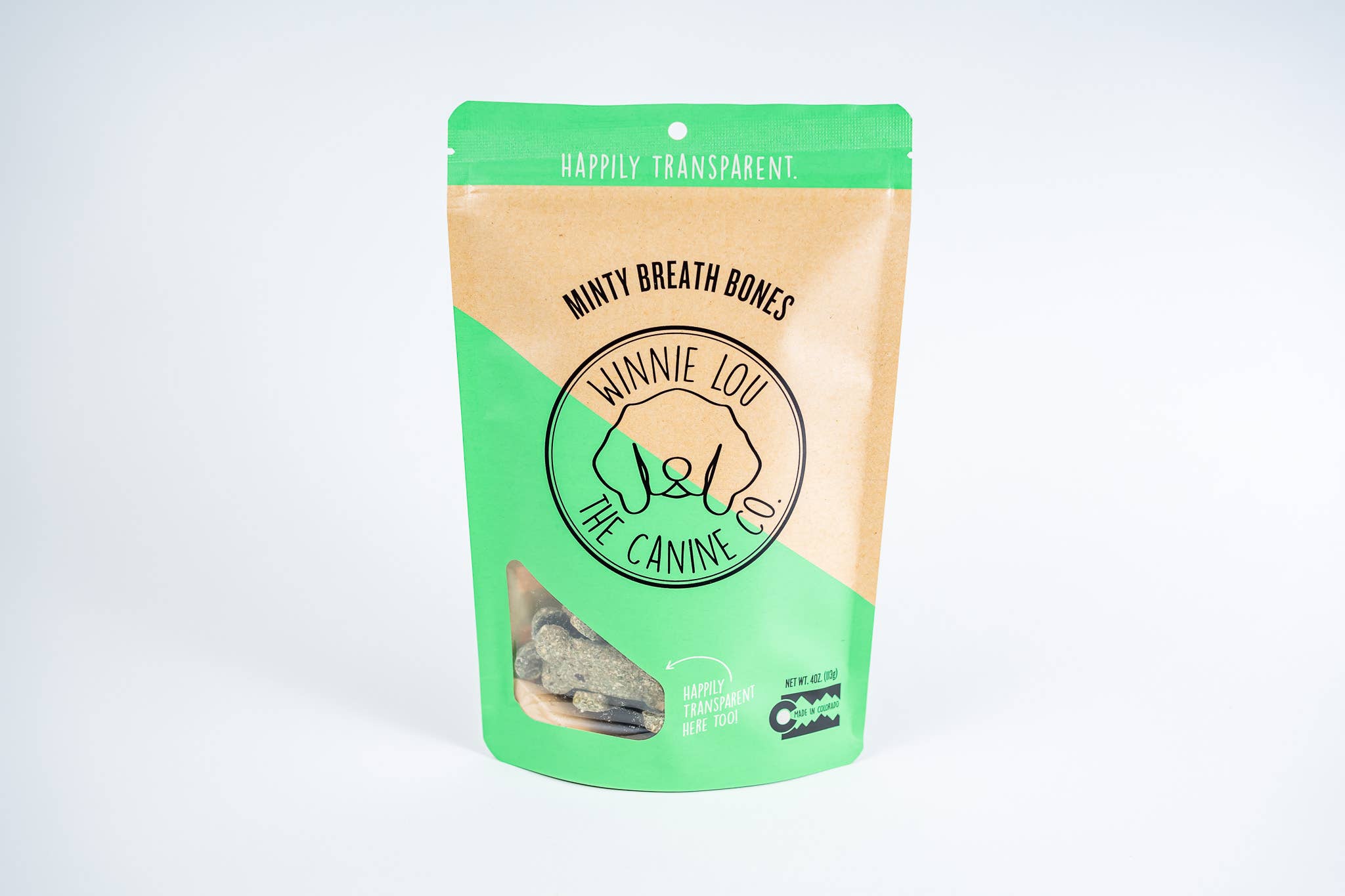Packaging of Minty Breath Bones for dogs with a green and brown design on a white background
