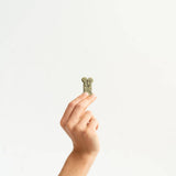 Hand holding a small green object against a white background