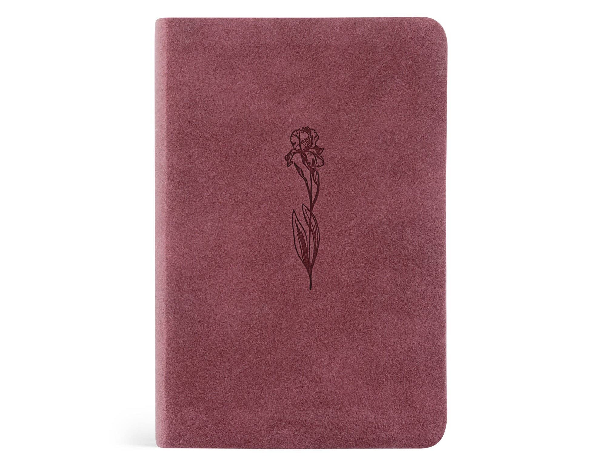 Mauve notebook with a floral illustration on a white background