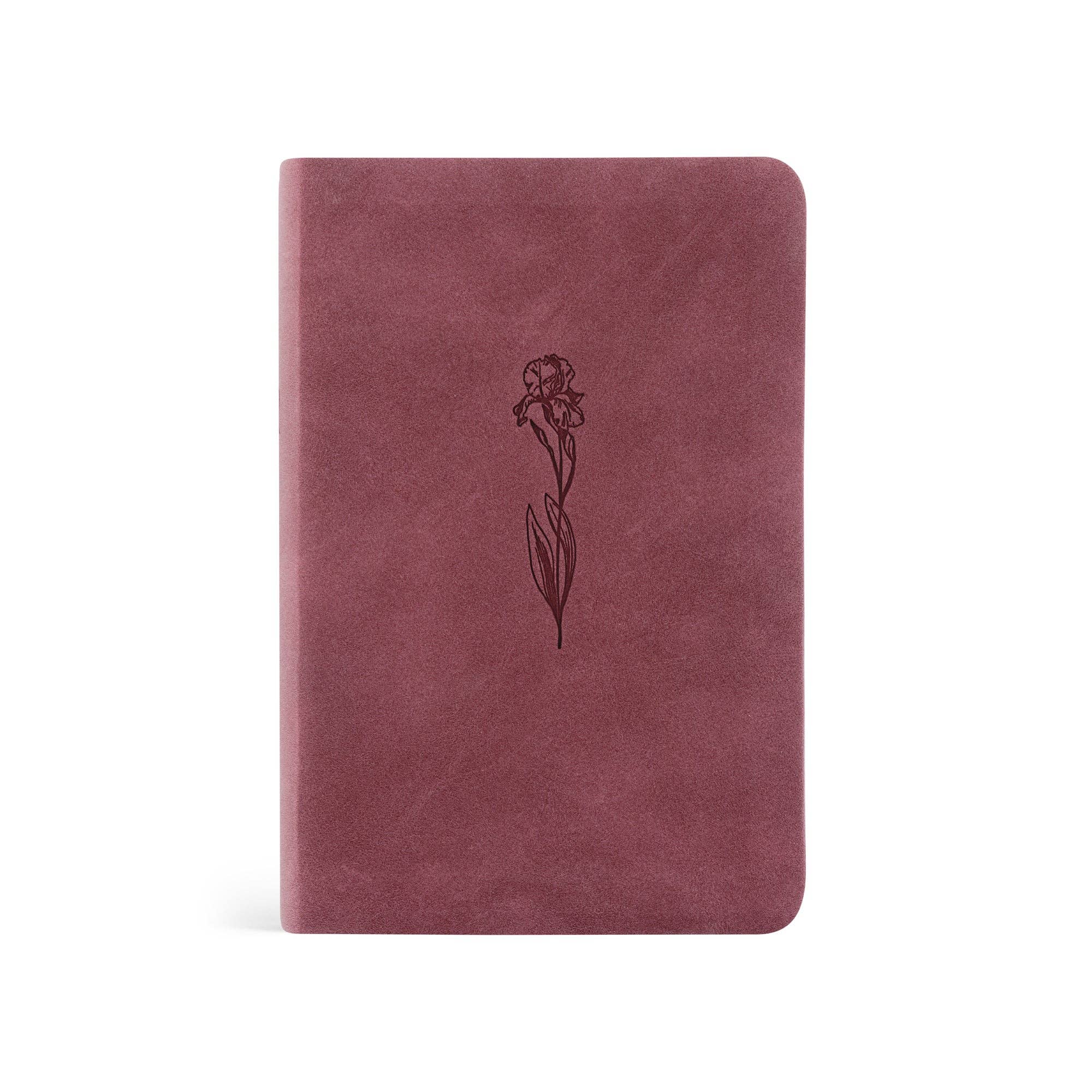 Mauve notebook with a floral illustration on a white background