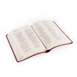 Open book with red binding on a white background