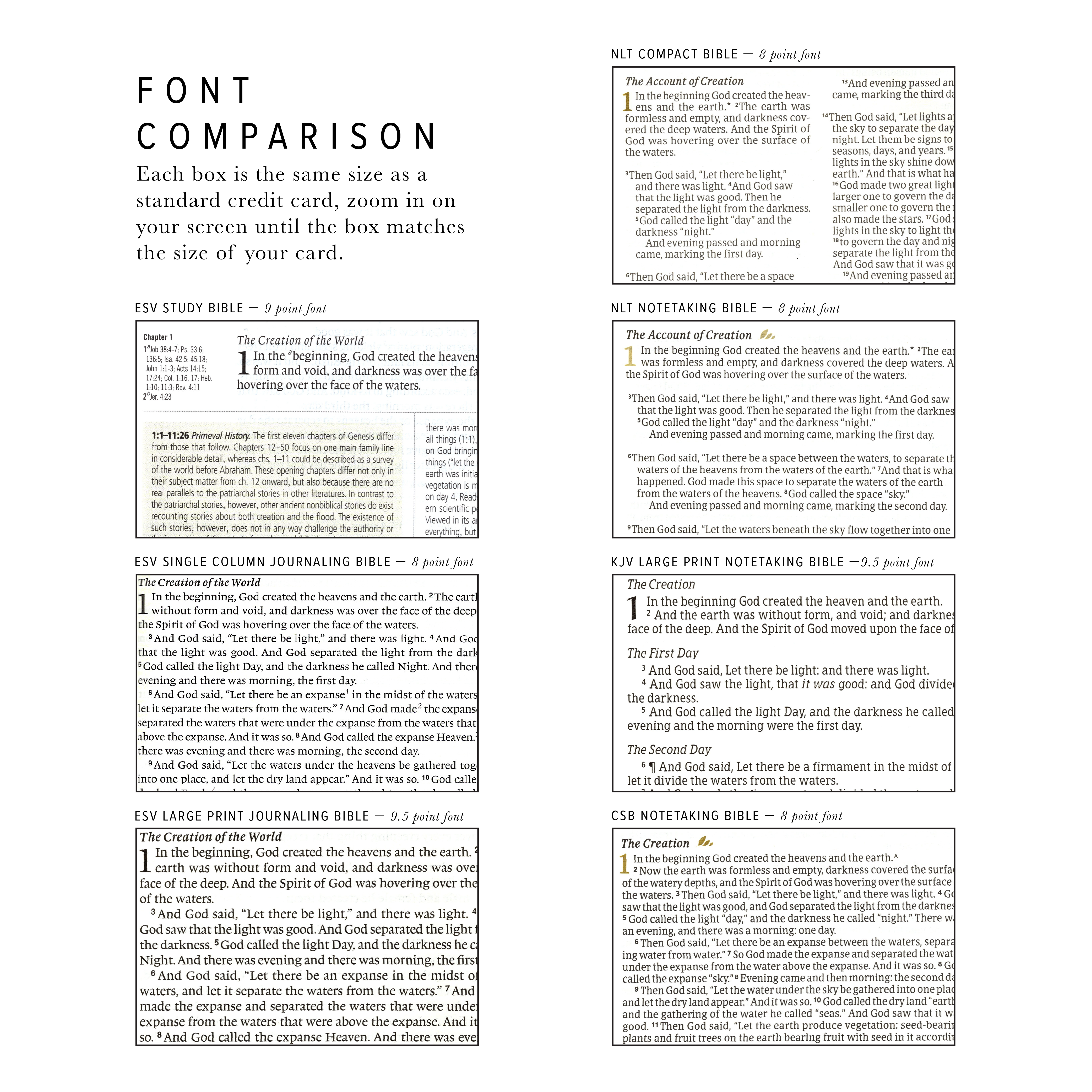 Font comparison chart for different Bible translations on a white background