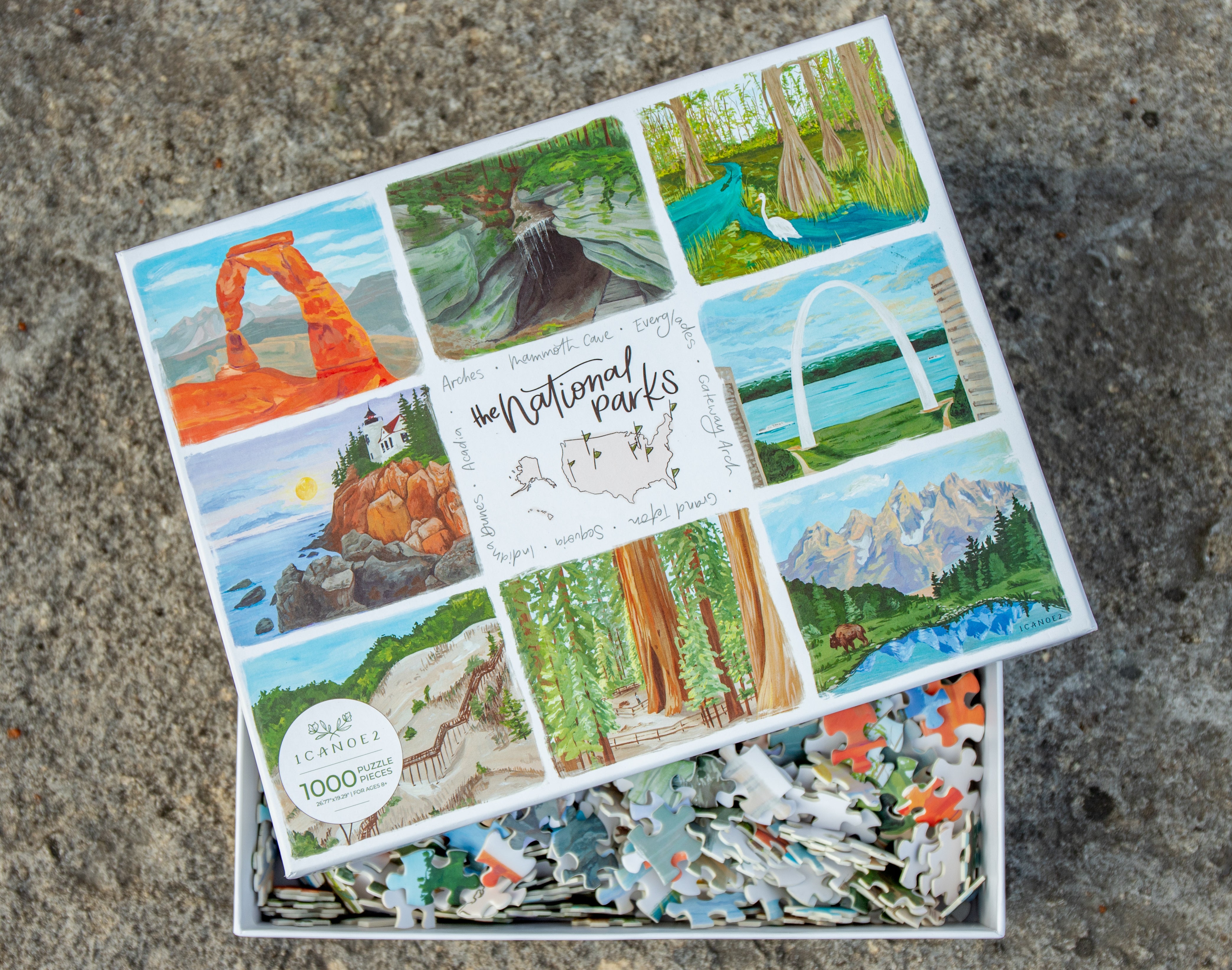 The National Parks 1000 Piece Puzzle Discover beautifully illustrated scenes from Arches, Mammoth Cave, Everglades, Acadia, Gateway Arch, Indiana Dunes, Sequoia, and Grand Tetons National Parks. By 1 CANOE 2.