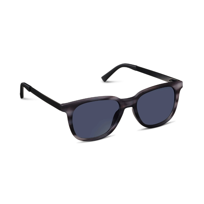 Sunglasses with dark lenses and black frame on a white background