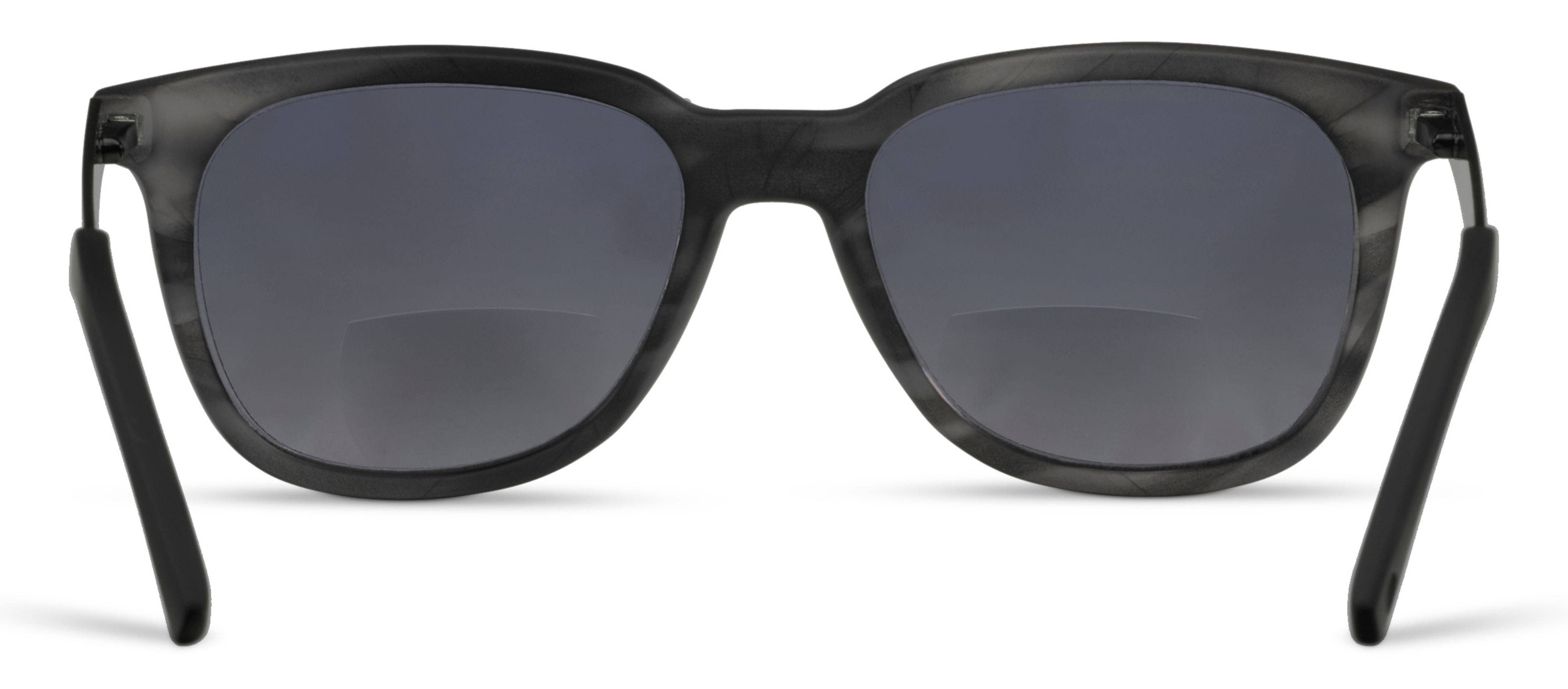 Black sunglasses with dark lenses on a white background