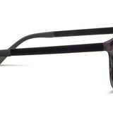 Black sunglasses with reflective lenses on a white background