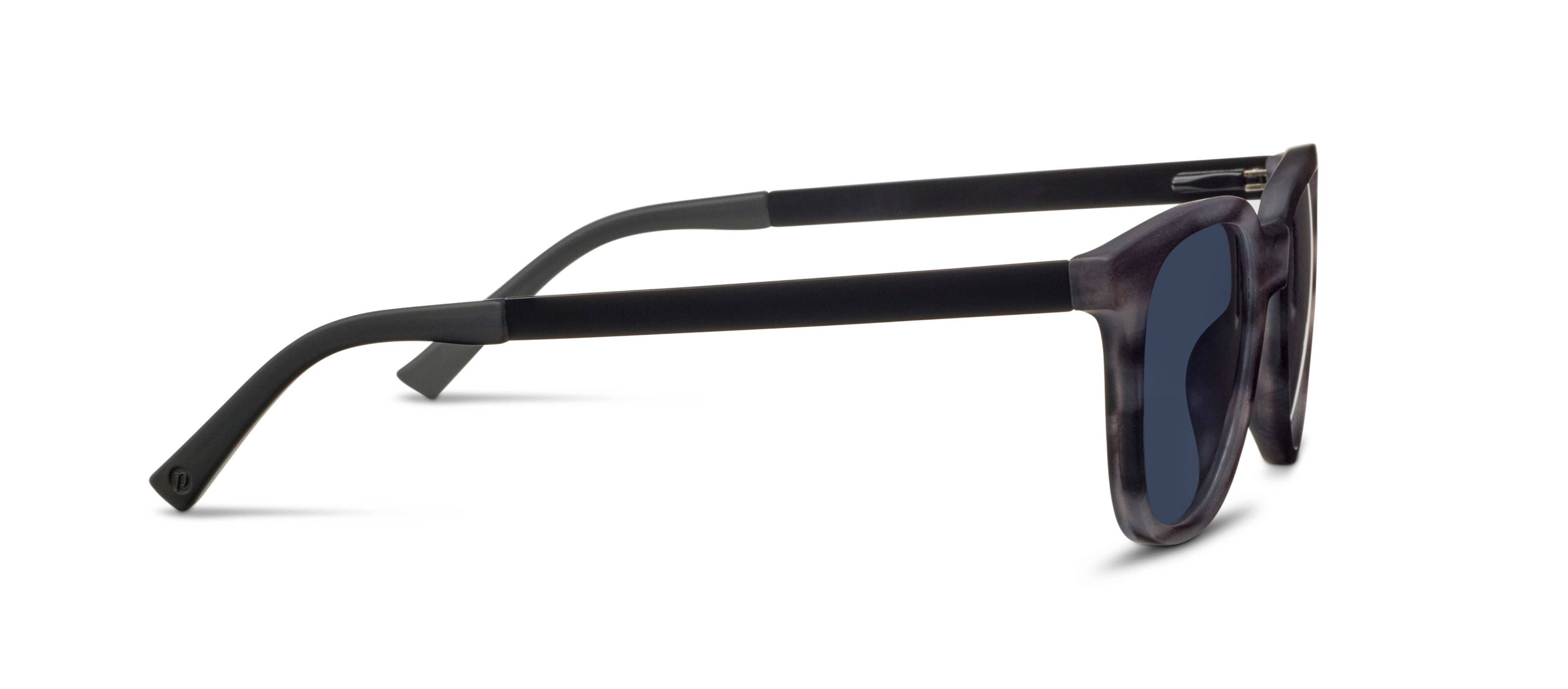 Black sunglasses with reflective lenses on a white background