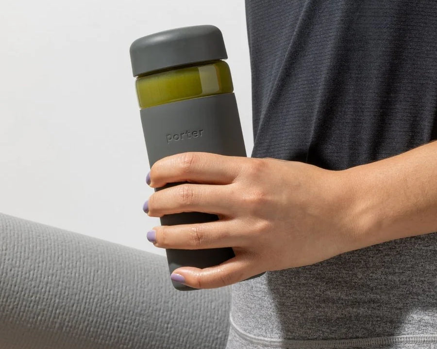 Charcoal Porter Wide Mouth Water Bottle A wide-mouth take on our glass bottle, so you can ditch single-use and sip sustainably, in style.  Reduce. Reuse. Refill.