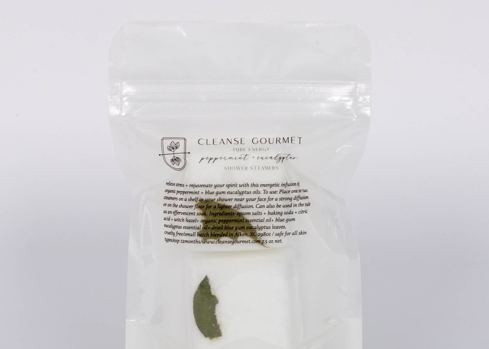 Pack of two pure Energy Eucalyptus + Peppermint Shower Steamers with essential oils by Cleanse Gourmet.