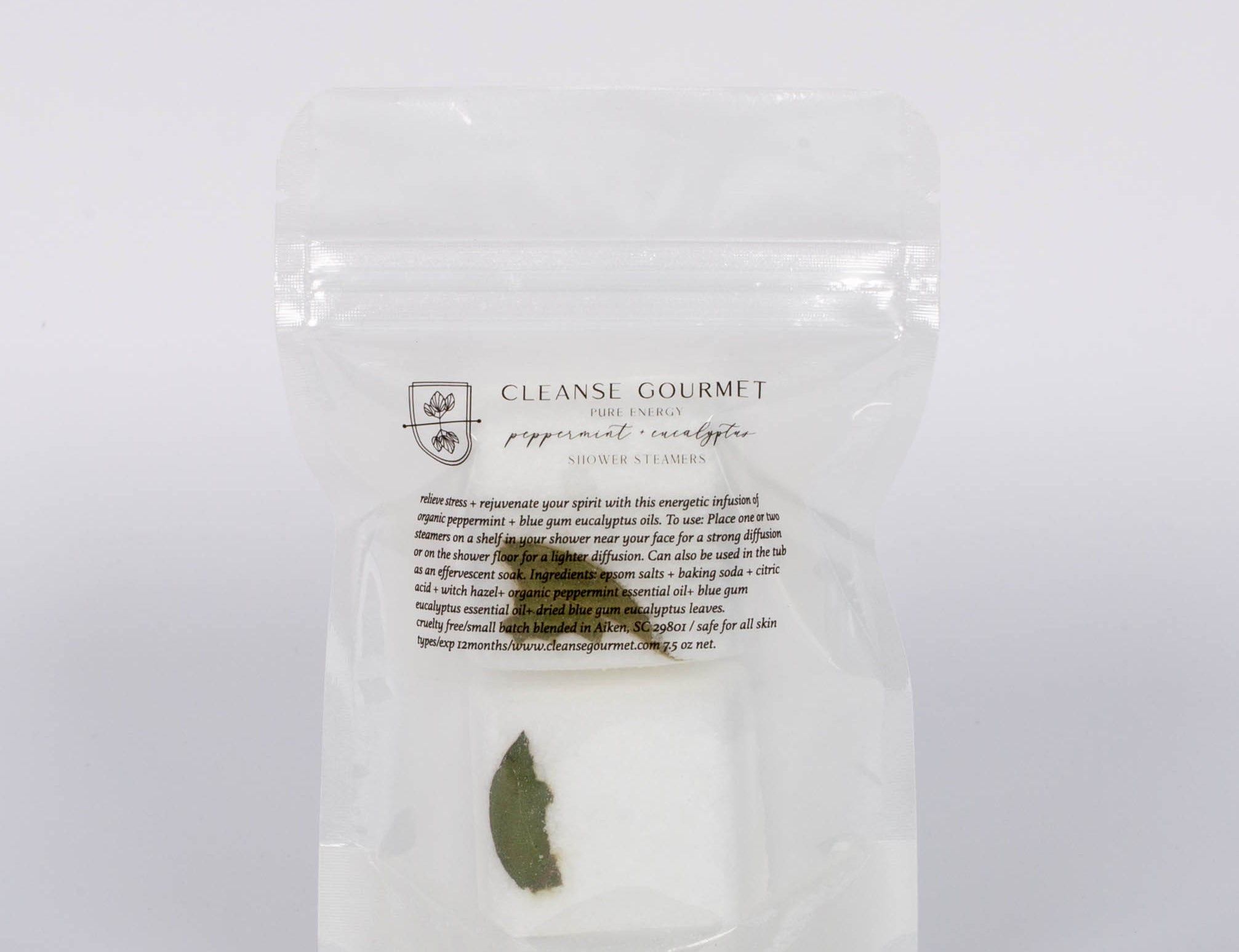 Pack of two pure Energy Eucalyptus + Peppermint Shower Steamers with essential oils by Cleanse Gourmet.