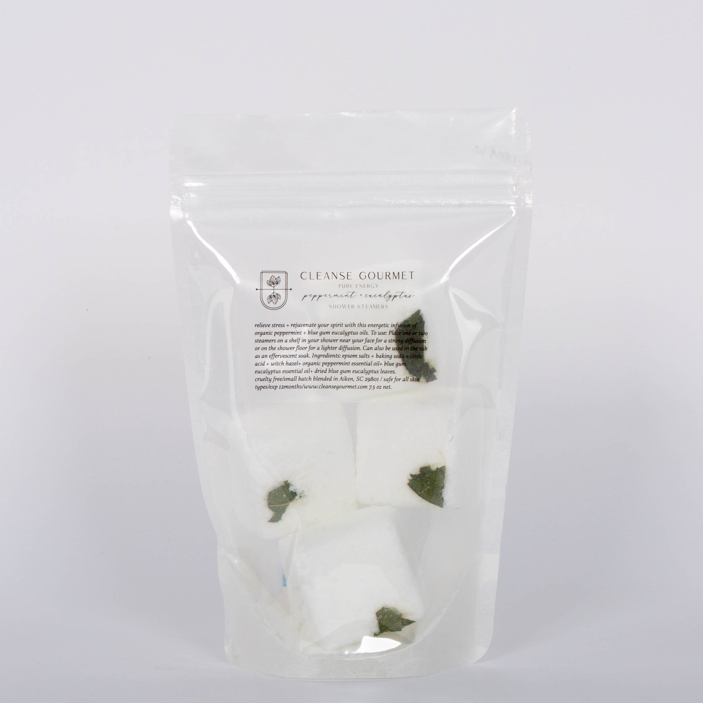 Pack of four pure Energy Eucalyptus + Peppermint Shower Steamers with essential oils by Cleanse Gourmet.