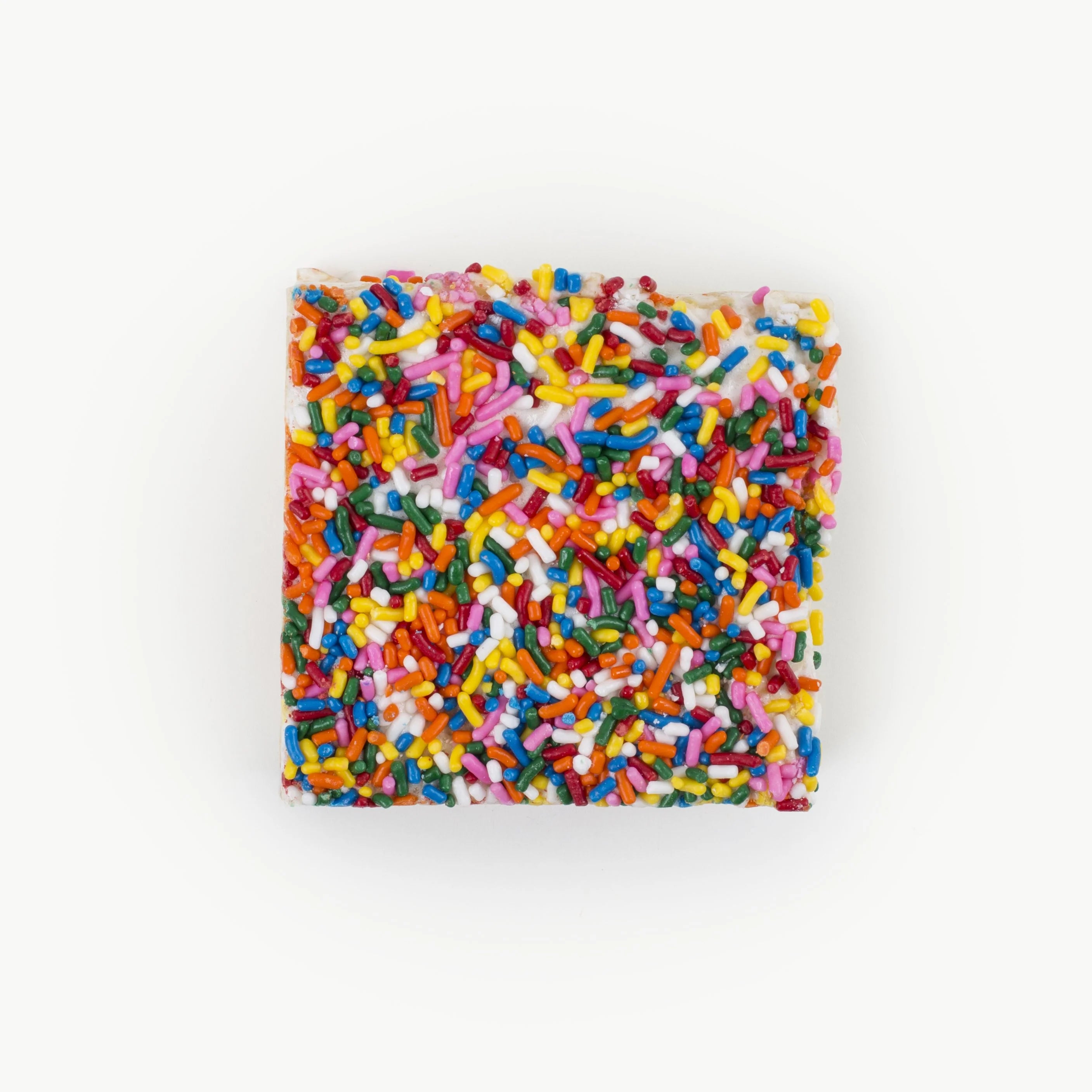 Square Rainbow Sprinkles Crispy Cake by Lolli & Pops on white background. 