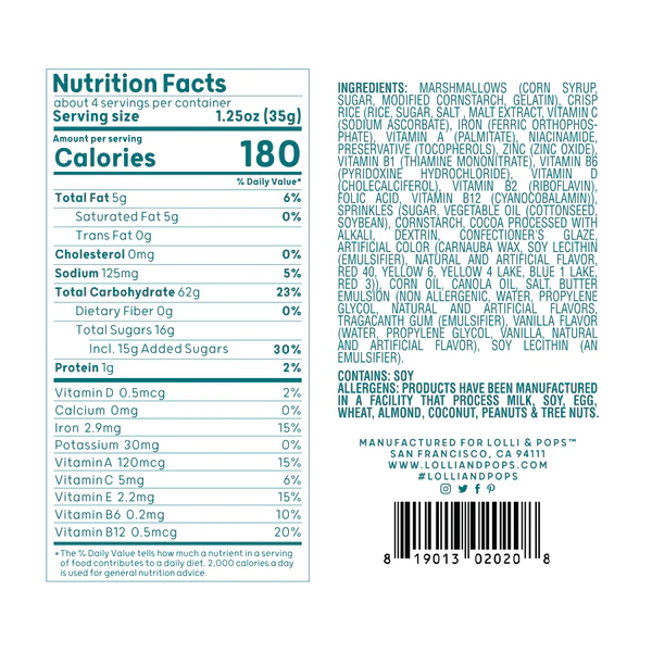 Nutrition label for Square Rainbow Sprinkles Crispy Cake by Lolli & Pops.