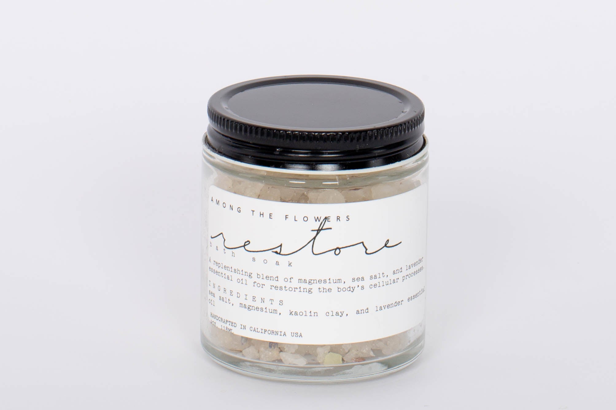 Among the Flowers Restore Bath Soak. R E S T O R E  This blend of lavender, magnesium flakes, and sea salt was designed to serve sensitive skin, while also restoring the body’s ever-lacking magnesium levels. This is a premium blend for children who experience cramps or strained muscles. Soothe the nervous system, and mental function, and replenish the body in one relaxing bathing experience.