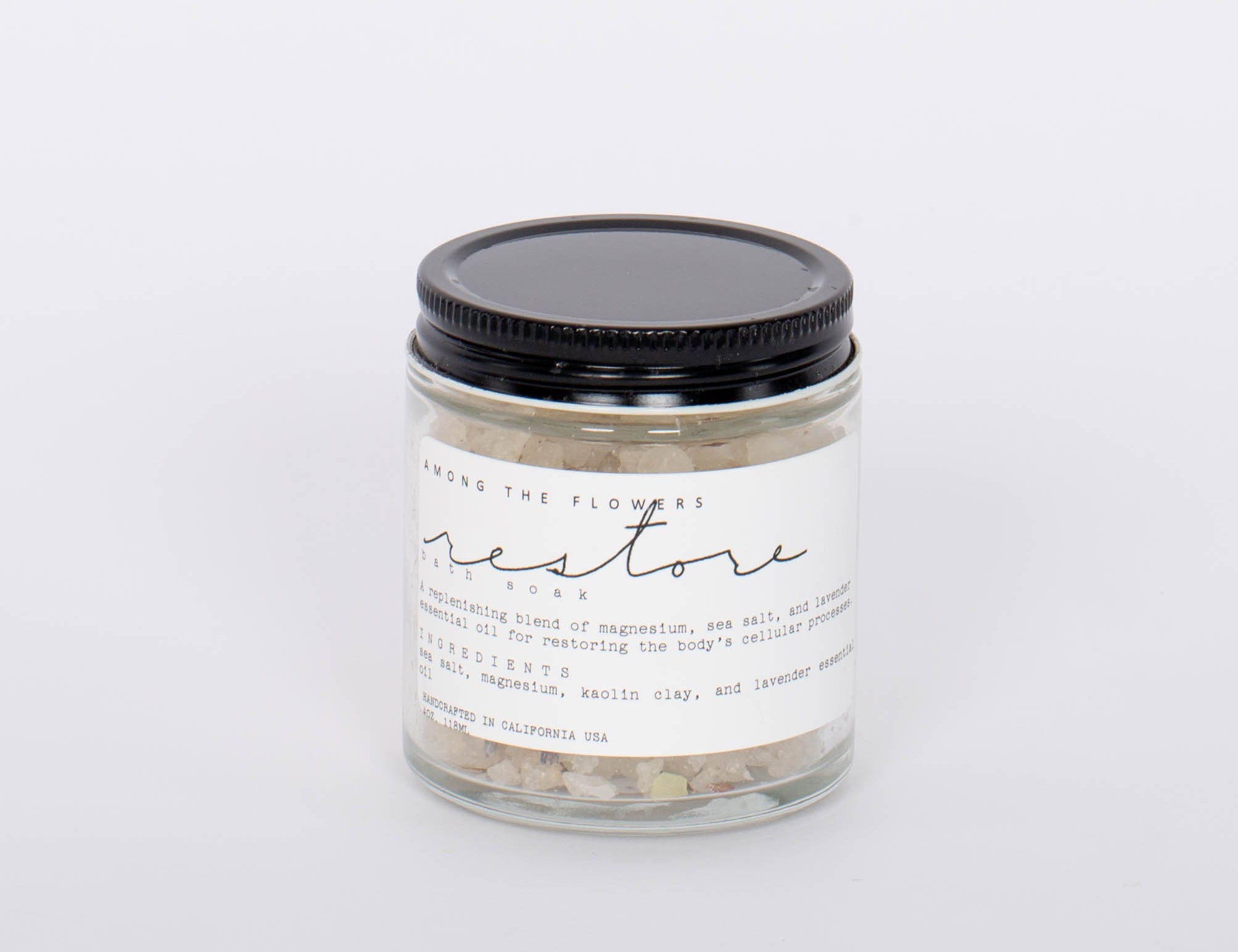 Among the Flowers Restore Bath Soak. R E S T O R E  This blend of lavender, magnesium flakes, and sea salt was designed to serve sensitive skin, while also restoring the body’s ever-lacking magnesium levels. This is a premium blend for children who experience cramps or strained muscles. Soothe the nervous system, and mental function, and replenish the body in one relaxing bathing experience.