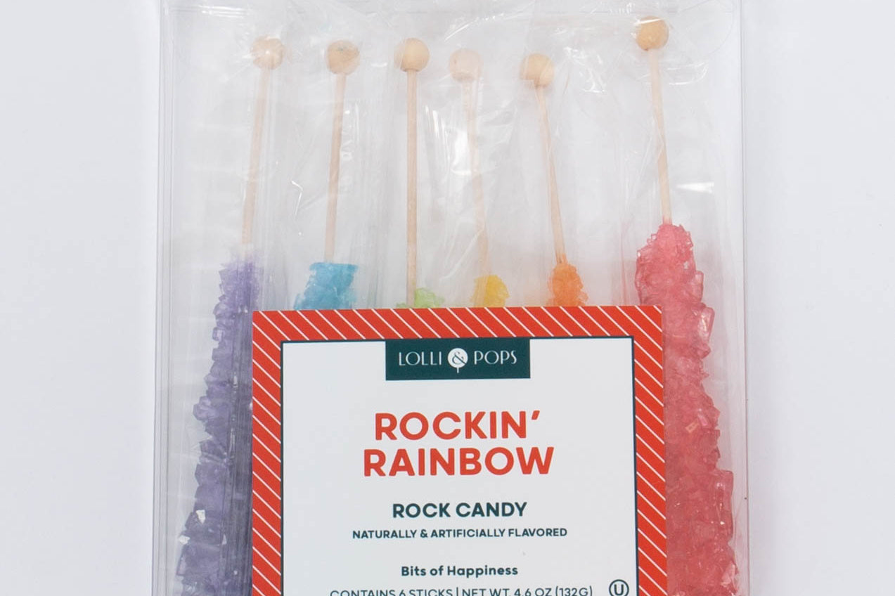 Rockin' Rainbow Rock Candy Pack by Lolli & Pops in Strawberry, Orange, Lemon, Watermelon, Blue Raspberry, & Grape. 