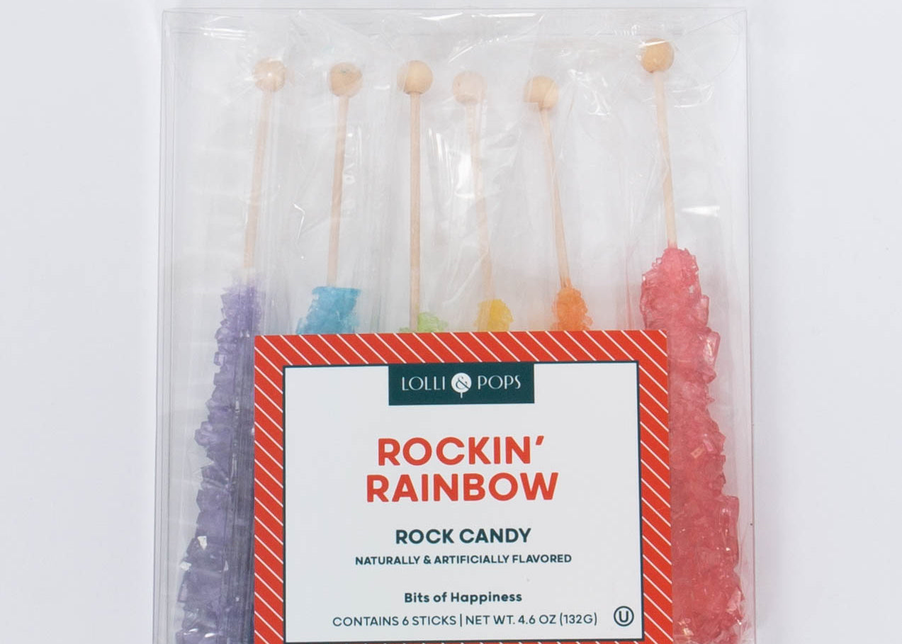 Rockin' Rainbow Rock Candy Pack by Lolli & Pops in Strawberry, Orange, Lemon, Watermelon, Blue Raspberry, & Grape. 