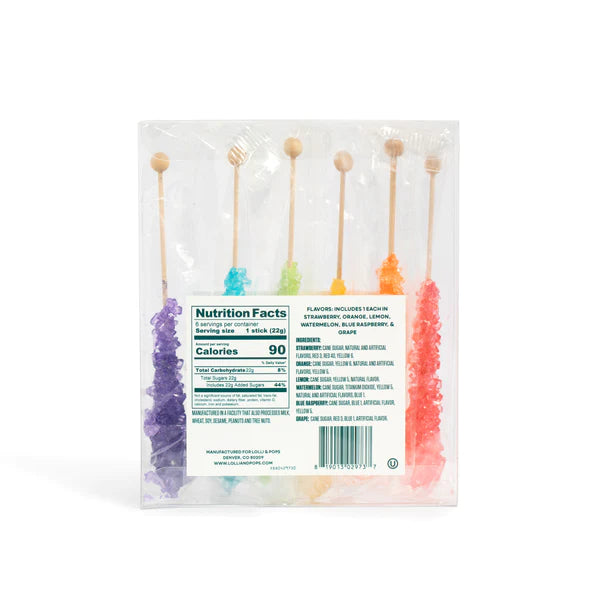 Rockin' Rainbow Rock Candy Pack by Lolli & Pops in Strawberry, Orange, Lemon, Watermelon, Blue Raspberry, & Grape. Nutrition facts label.