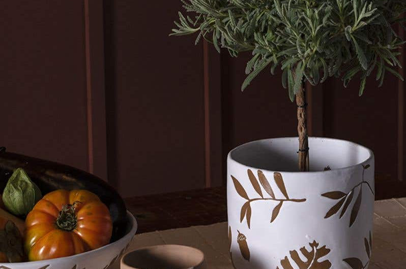 Three Rustling Pots collection pieces with oak leaves and acorns pattern in white glazed ceramic and natural bisque, set on dinner table and holding vegetables and plant. 