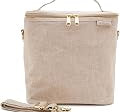 SoYoung Lunch Poche in Ecru linen with a top handle and detachable shoulder strap, on a white background