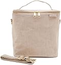SoYoung Lunch Poche in Ecru linen with a top handle and detachable shoulder strap, on a white background