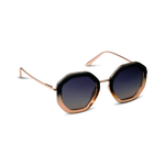 Hexagonal sunglasses with a rose gold acetate frame and dark gradient lenses, shown on a clean white background.