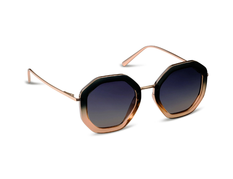 Hexagonal sunglasses with a rose gold acetate frame and dark gradient lenses, shown on a clean white background.