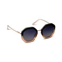 Hexagonal sunglasses with a rose gold acetate frame and dark gradient lenses, shown on a clean white background.