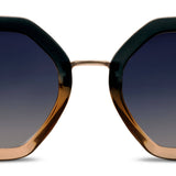 Sunglasses with a hexagonal frame and gradient lenses on a white background