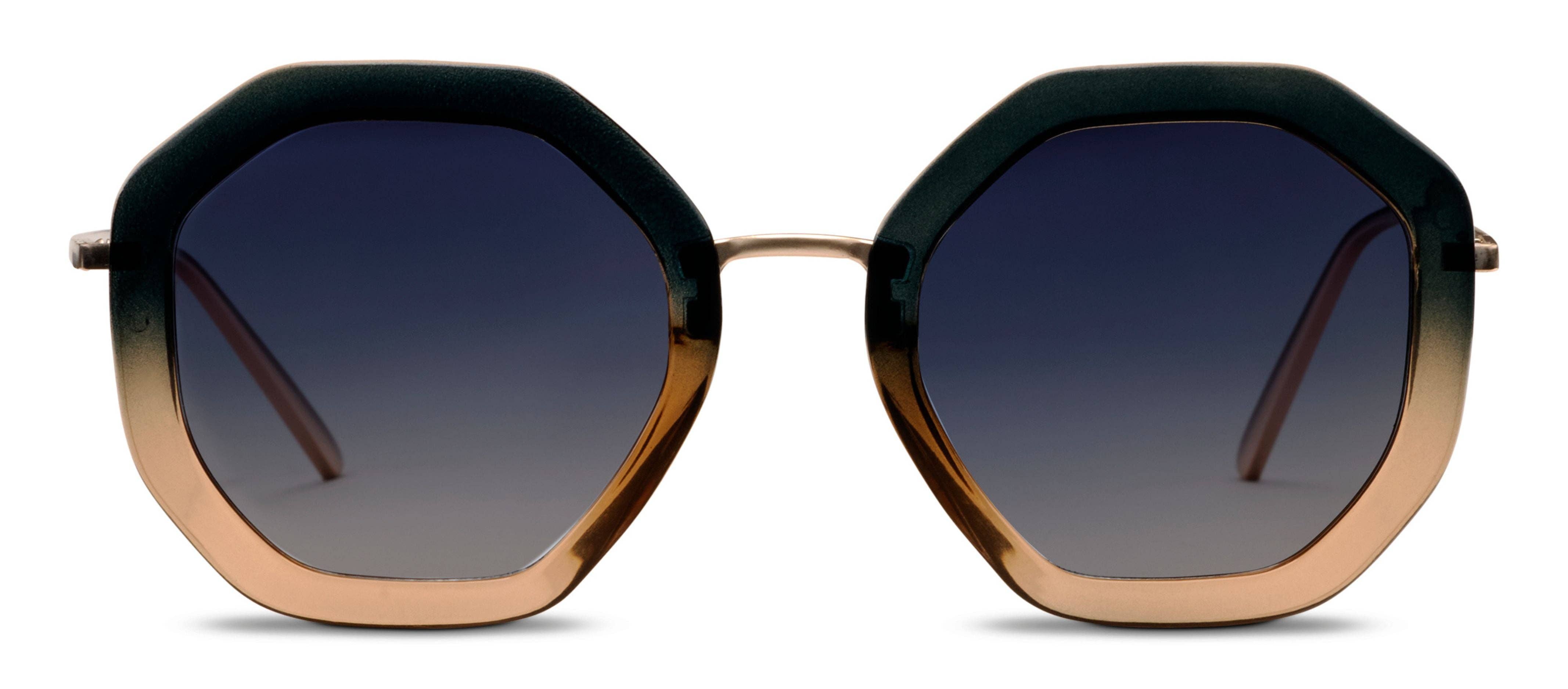 Sunglasses with a hexagonal frame and gradient lenses on a white background
