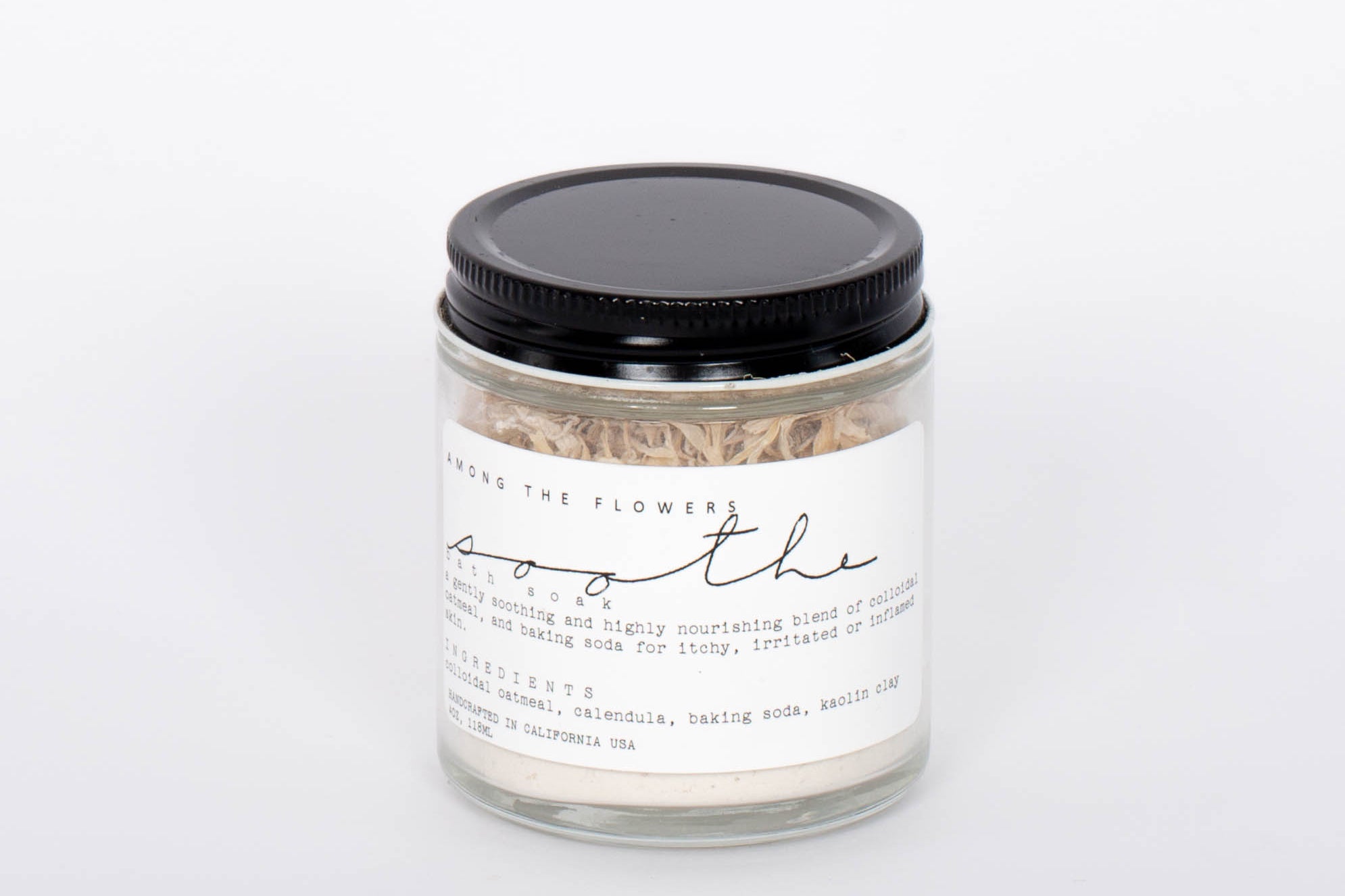 Among the Flowers Soothe Bath Soak. S O O T H E  A blend of colloidal oats, coconut milk, and chamomile petals that effectively soothes inflammation and irritation related to minor scrapes and scratches, as well as rashes or bug bites. This is particularly helpful for dry skin, or issues with diaper rash.
