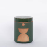 Spanish Moss Candle. Dark green and earth brown. Ceramic vessel with raw block shape and hole in bottom, serves as a perfect planter after candle is used up. 