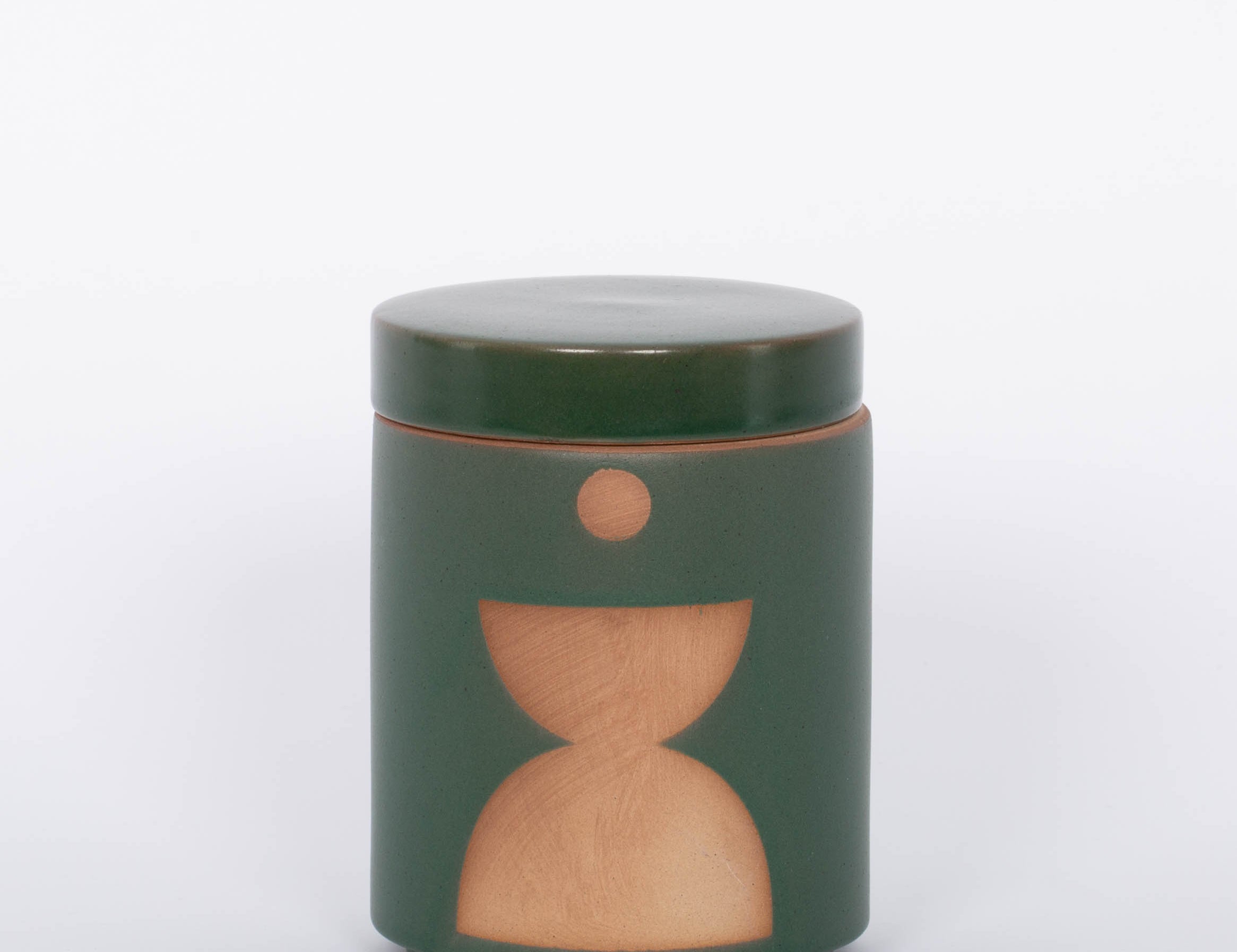 Spanish Moss Candle. Dark green and earth brown. Ceramic vessel with raw block shape and hole in bottom, serves as a perfect planter after candle is used up. 