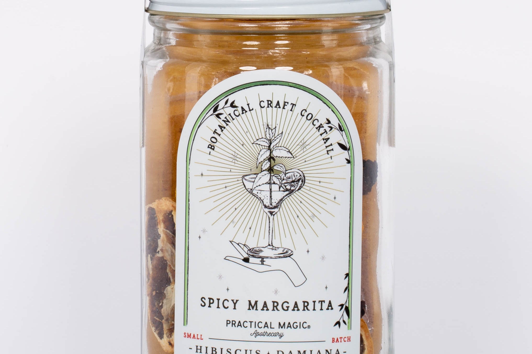 Spicy Margarita Botanical Craft Cocktails Kit by Practical Magic in clear jar with white lid and detailed illustration on label. 