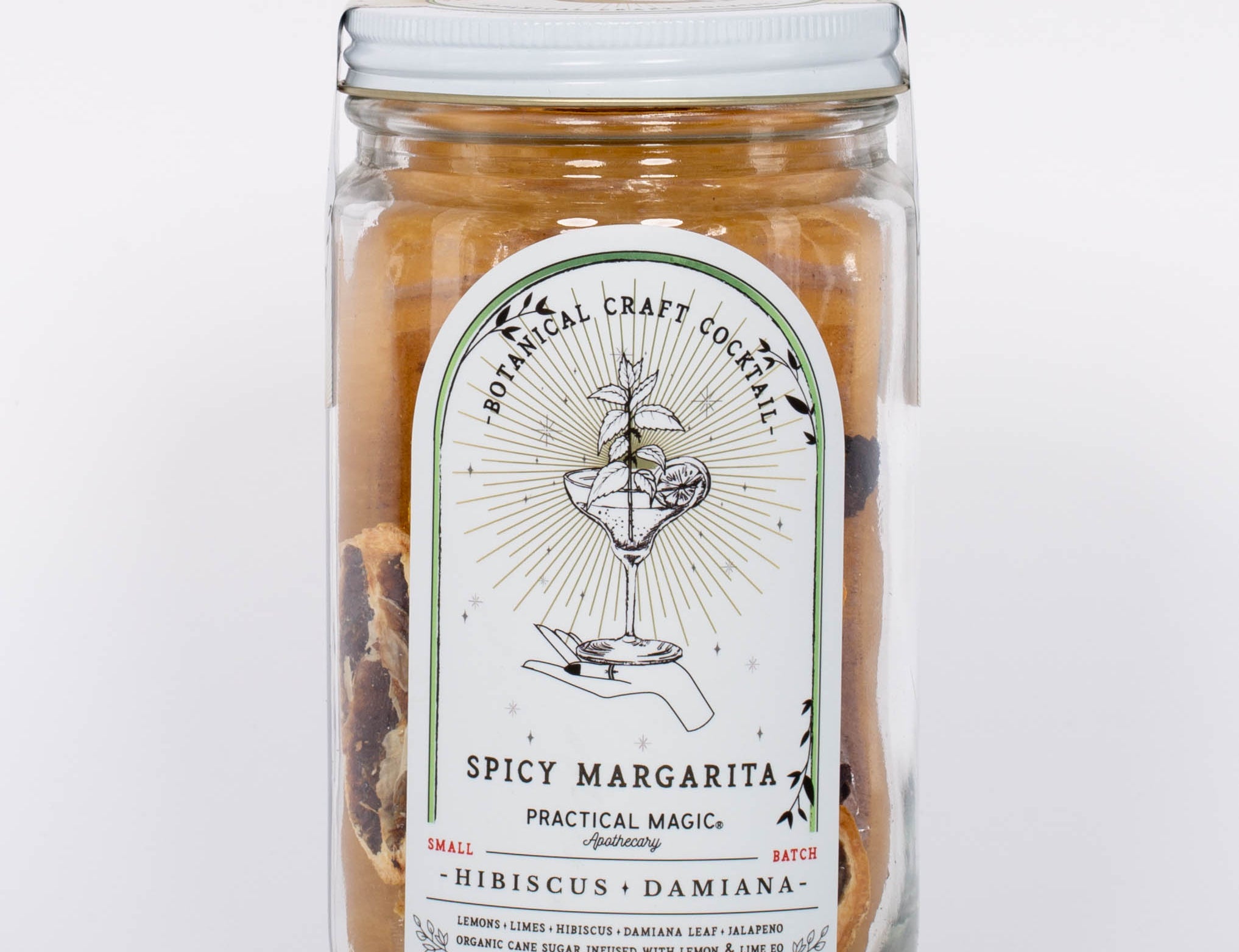 Spicy Margarita Botanical Craft Cocktails Kit by Practical Magic in clear jar with white lid and detailed illustration on label. 