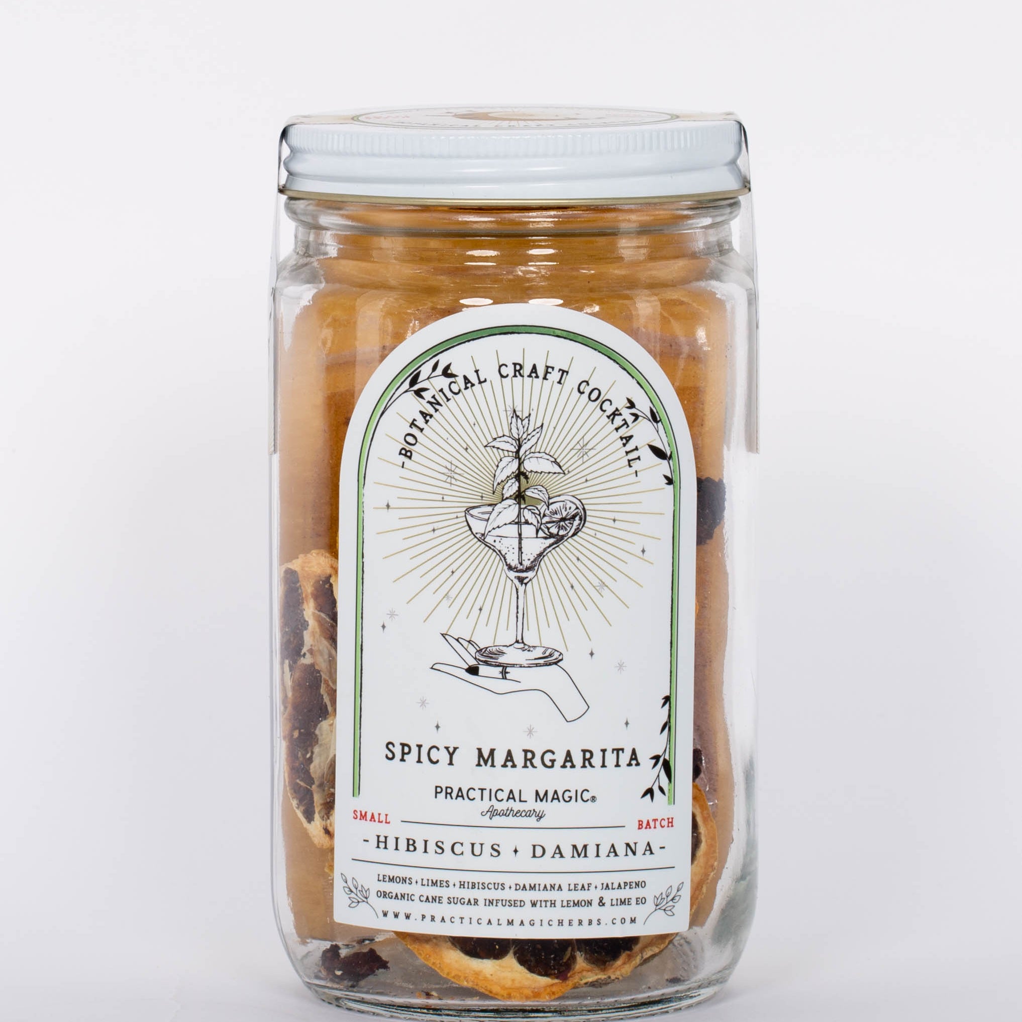 Spicy Margarita Botanical Craft Cocktails Kit by Practical Magic in clear jar with white lid and detailed illustration on label. 