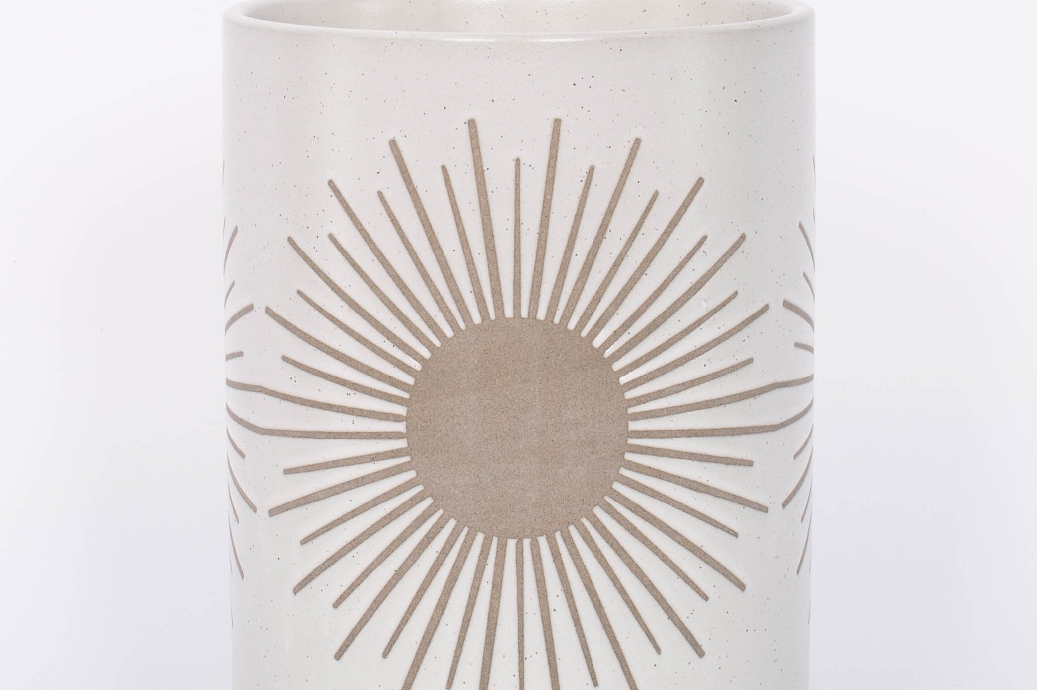 Large Sunrise to Sunset planter Pot by Citrine with golden sun design on natural white. 
