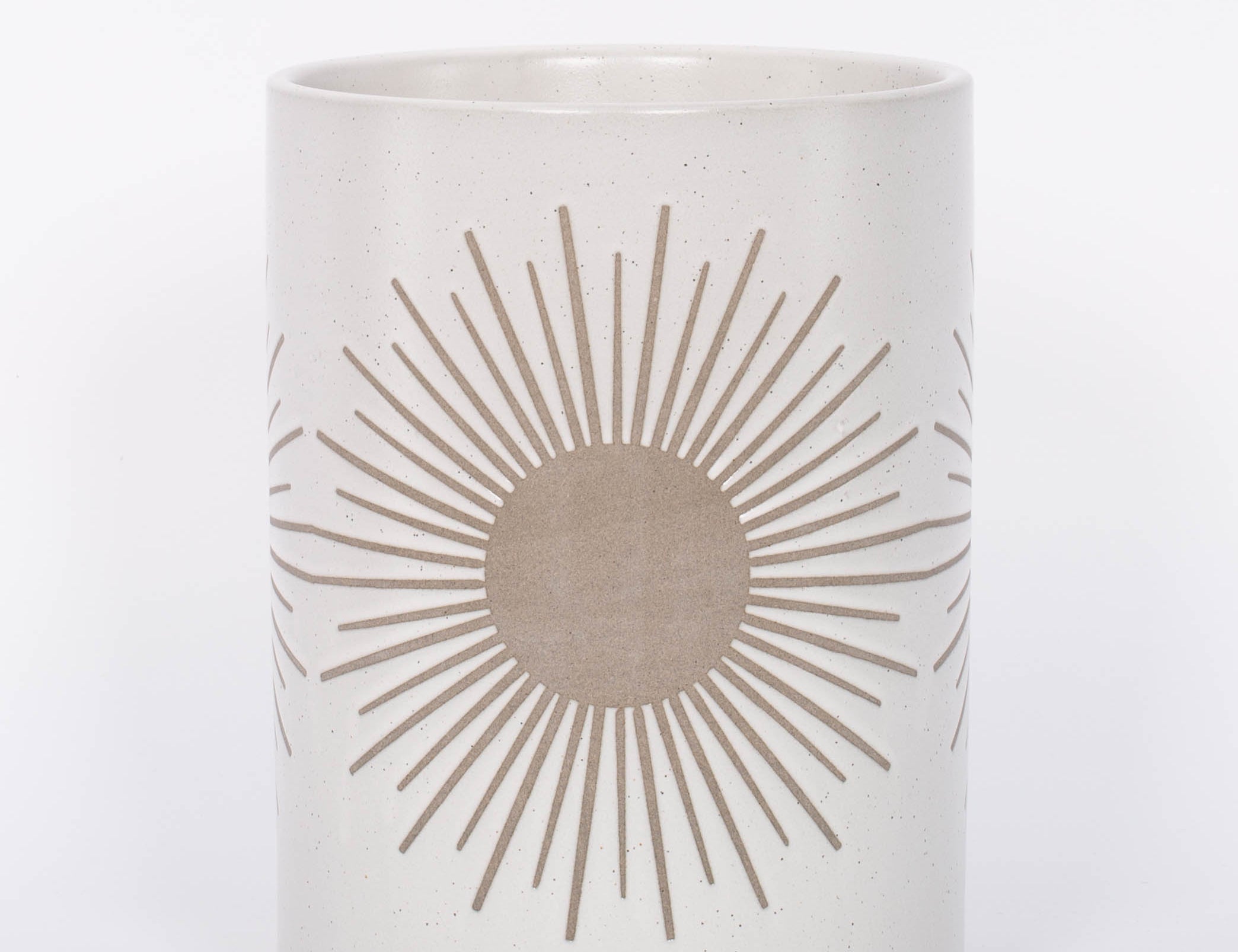 Large Sunrise to Sunset planter Pot by Citrine with golden sun design on natural white. 