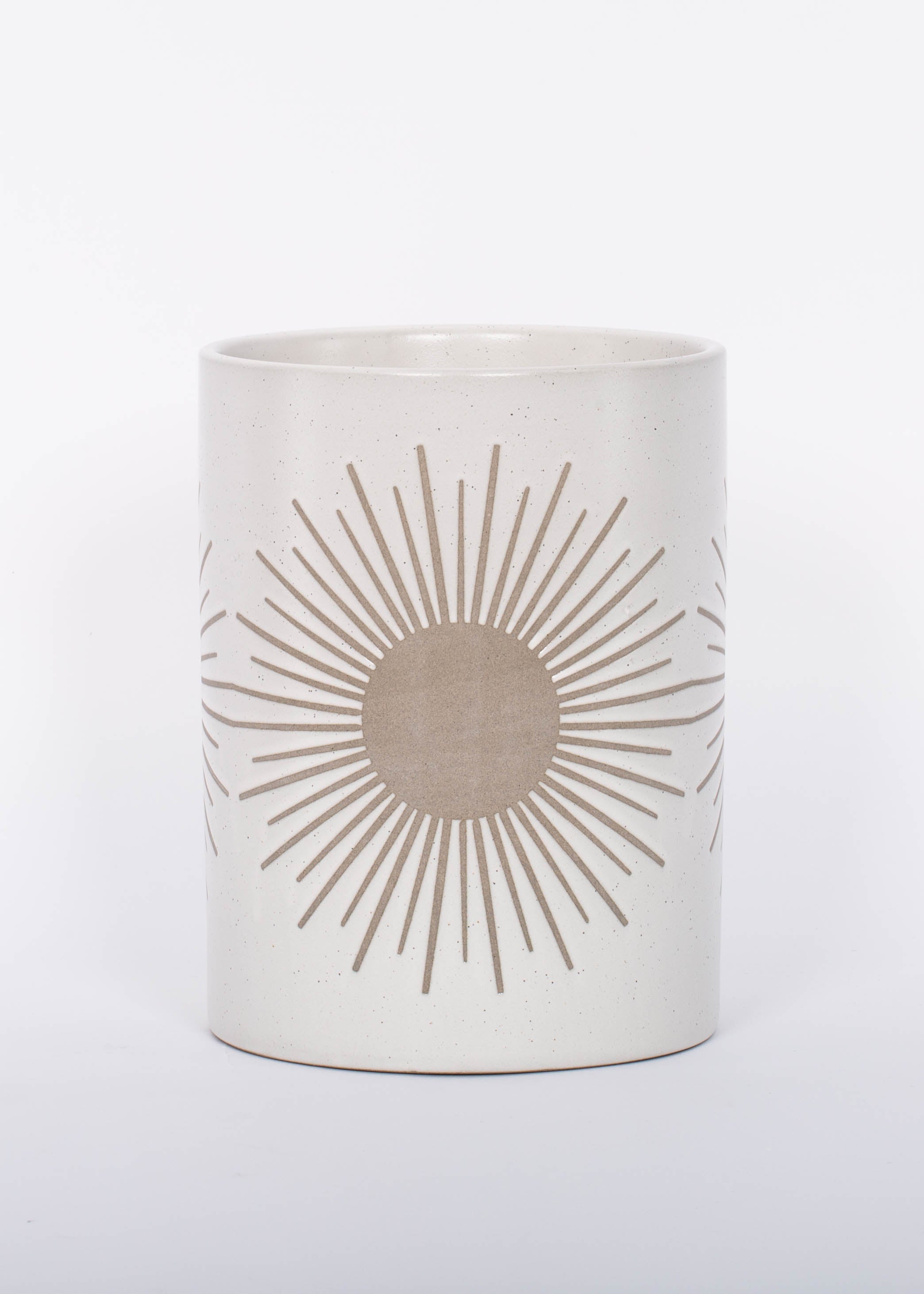 Large Sunrise to Sunset planter Pot by Citrine with golden sun design on natural white. 