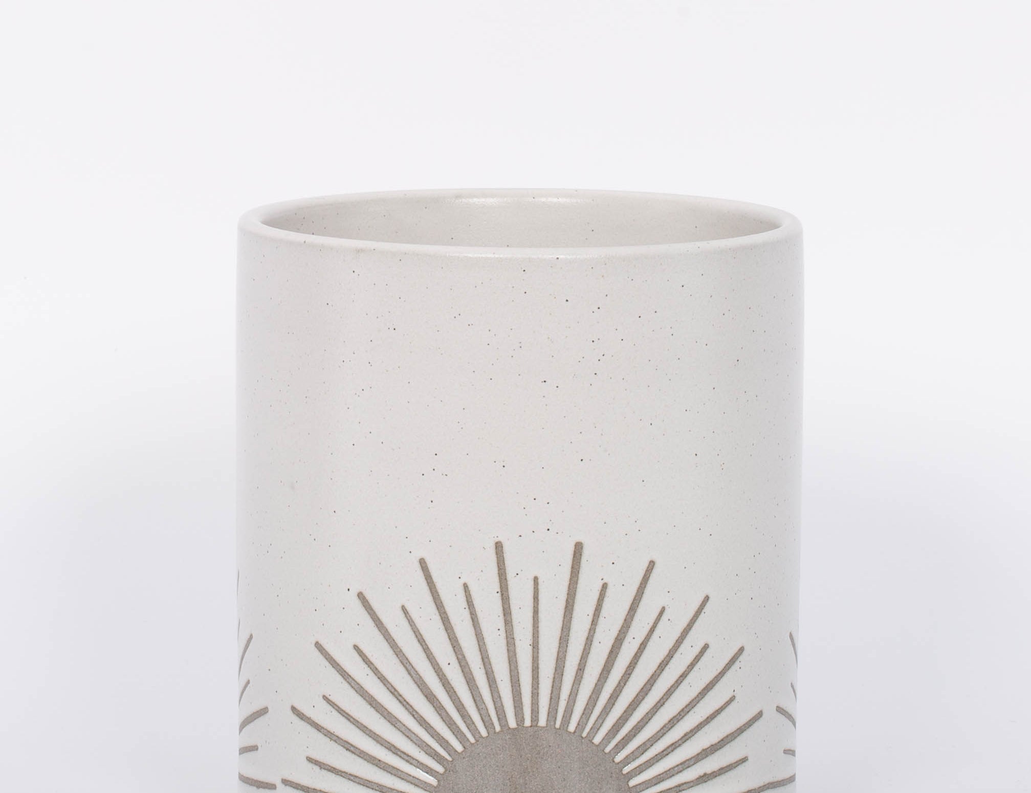 Small half sun Sunrise to Sunset planter Pot by Citrine with golden sun design on natural white. 