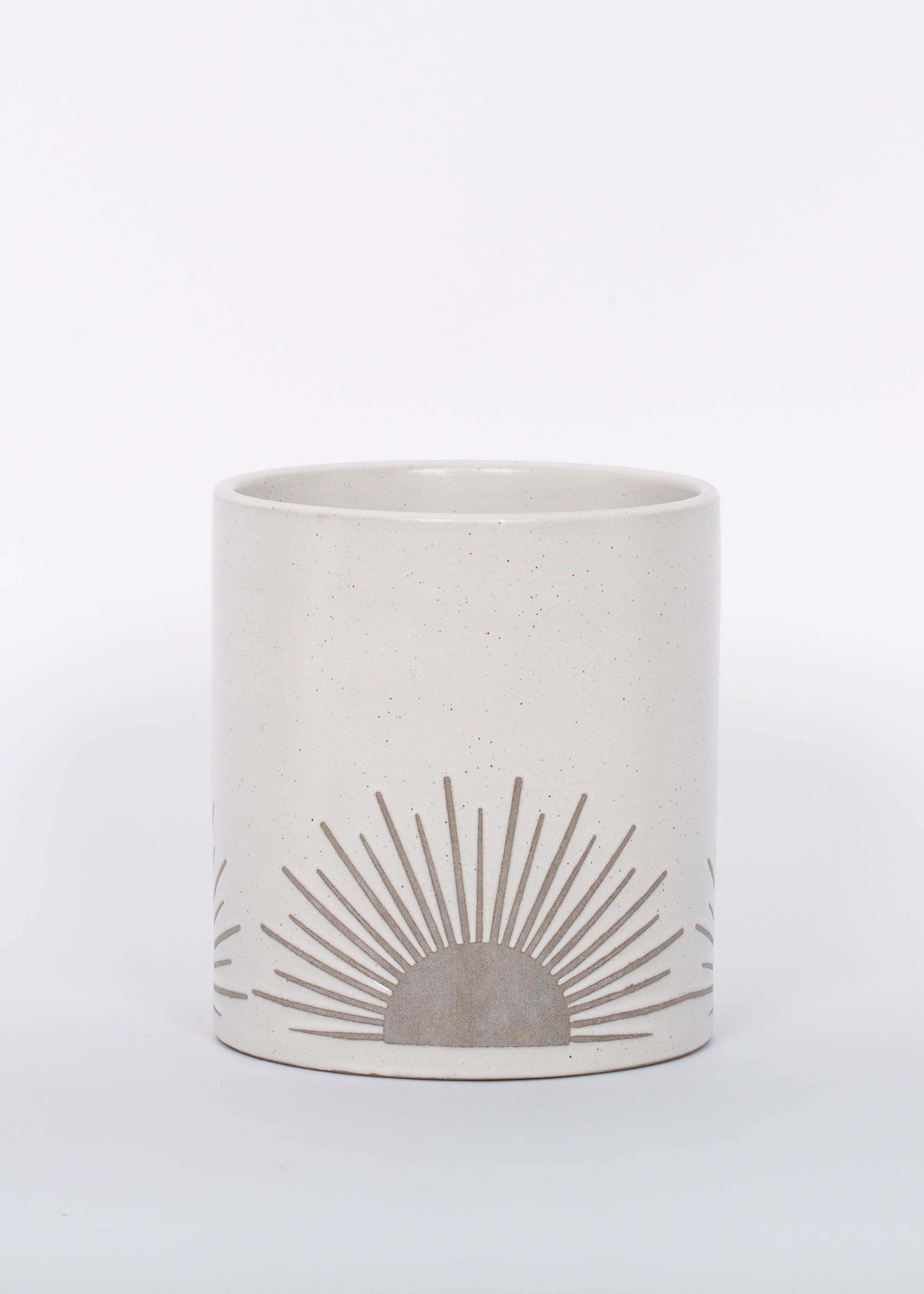 Small half sun Sunrise to Sunset planter Pot by Citrine with golden sun design on natural white. 