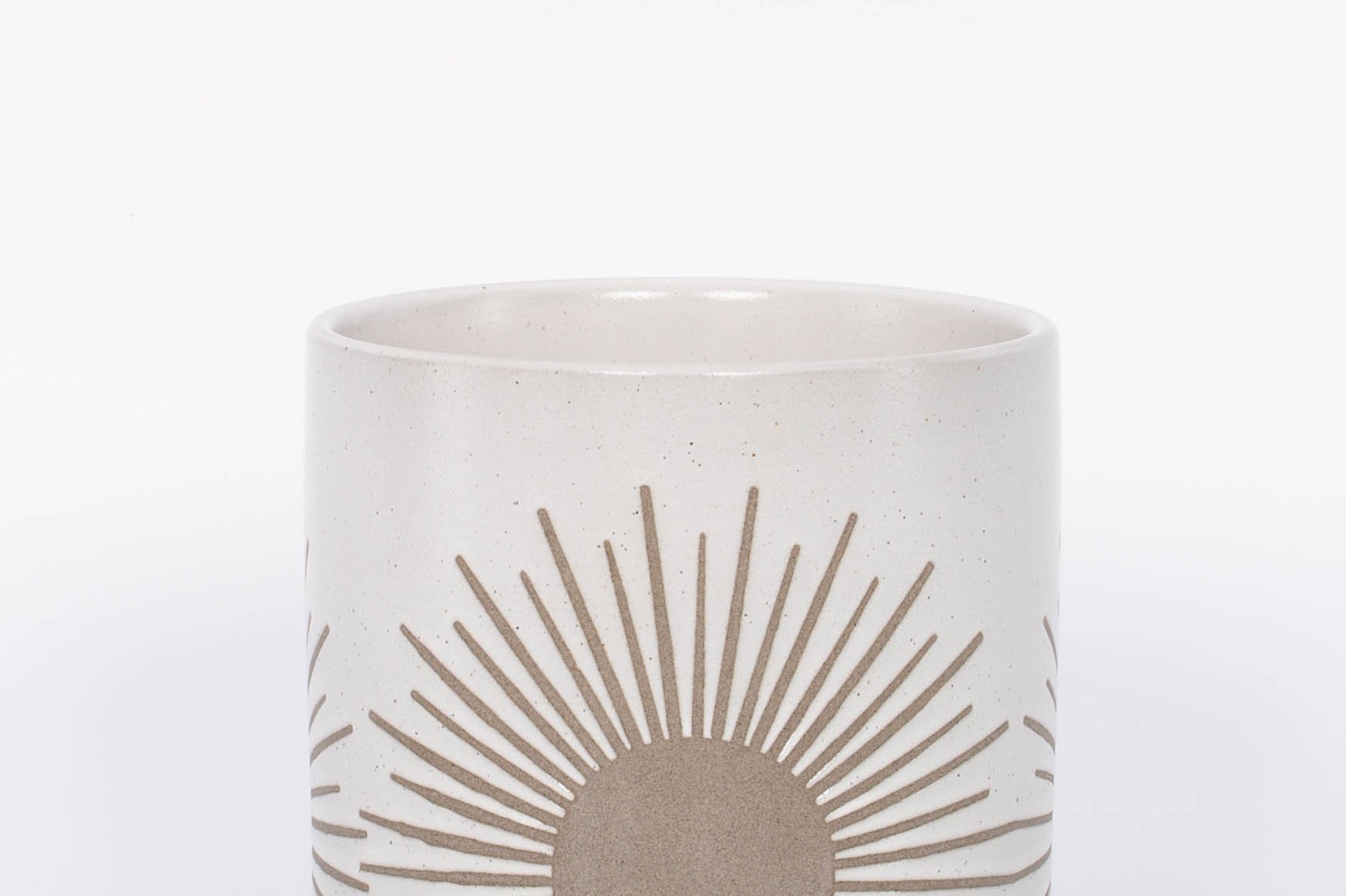 Medium Sunrise to Sunset planter Pot by Citrine with golden sun design on natural white. 